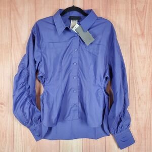Reebok X Cardi B Shirt Women S Purple Waist Cinch Cutout Ruched Sleeve Button Up
